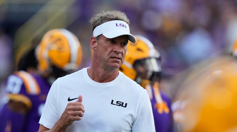 LSU head coach Lane Kiffin walks on the field before an NCAA college football game against Louisiana Tech, Saturday, Sept. 12, 2026 in Baton Rouge, La. (AP Photo/Gerald Herbert)