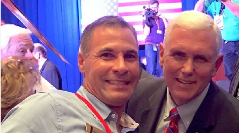 Rey Martinez, then a Loganville city councilman, with then-vice presidential candidate Mike Pence, during a September 2016 rally in Cobb County. VIA CITY OF LOGANVILLE
