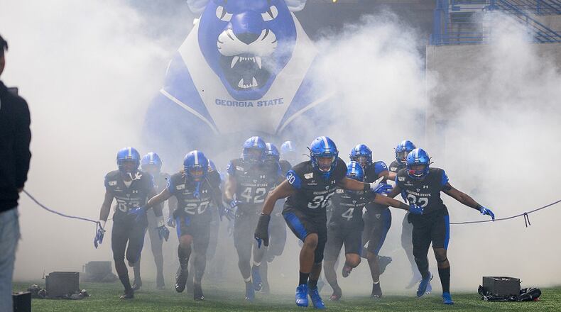 Georgia State players prepare to take the field at Georgia State Stadium for their game against Troy on Oct. 26, 2019. (Photo by Todd Drexler)