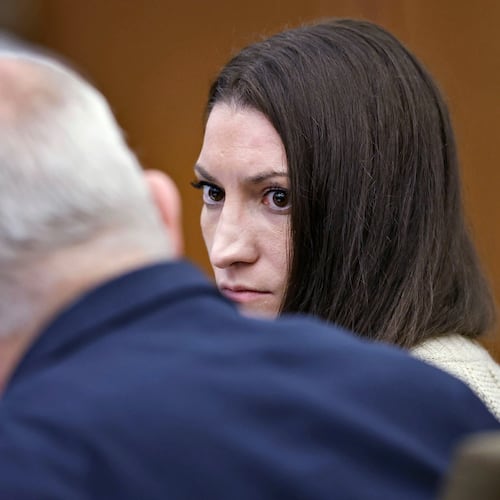 Defendant Lindsay Clancy talks with her lawyer Kevin Reddington. during her murder trial at Plymouth Superior Court, Monday, Aug. 24, 2026 in Plymouth, Mass. (Greg Derr/The Patriot Ledger via AP, Pool)