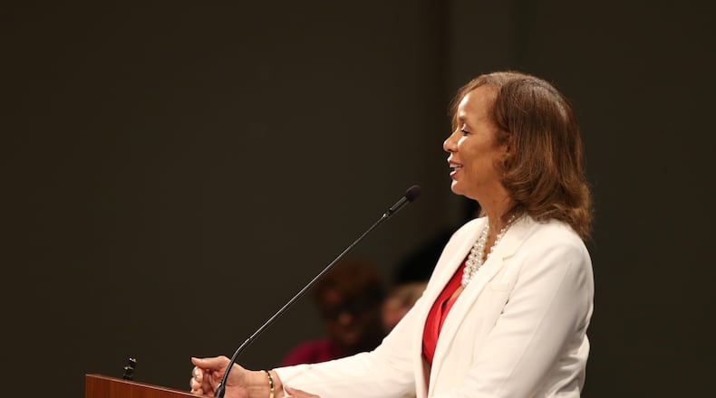 Linda Woodard, interim human resources chief, speaks at the DeKalb County Board of Education meeting in Stone Mountain Feb. 13. EMILY HANEY / emily.haney@ajc.com