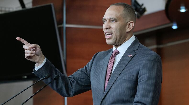 House Minority Leader Hakeem Jeffries, D-N.Y., speaks during a news conference on Capitol Hill, Thursday, April 23, 2026, in Washington. (AP Photo/Mariam Zuhaib)