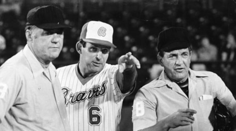 In 1978, Bobby Cox (center) was in the first year of his first stint as the Braves' manager. (AJC file)