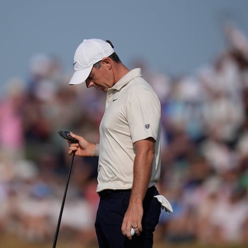 Rory McIlroy of Northern Ireland looks at his club after putting on the 9th green during the first day of the British Open Golf championships at Royal Birkdale golf club, in Southport, England, Thursday, July 16, 2026. (AP Photo/David Goldman)