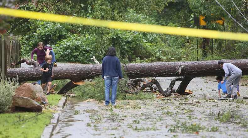September,12 , 2017-Atlanta- People jumped a fallen tree on First Ave. in Kirkwood neighborhood, earlier fire fighters arrived to the scene due to a gas leak in Dekalb County. (Miguel Martinez / MundoHispanico)