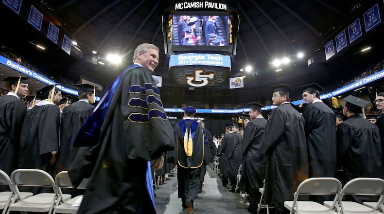 Georgia Tech President Bud Peterson walks during the Bachelor’s morning ceremony of Spring 2014 Commencement at the McCamish Pavilion Saturday morning May 3, 2014 in Atlanta, Ga. (Photo/Jason Getz)
