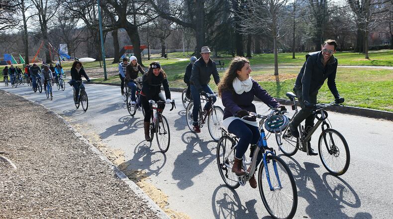 SPEED DATING ON WHEELS--021515 ATLANTA: Participants socialize to find out if they are compatible while cycling around the park durig the Atlanta Cycling Festival presents Bicycle Speed Dating, a Valentine's Day do-over, at Piedmont Park on Sunday, Feb 15, 2015, in Atlanta. Participants were paired with their five most compatible matches for five separate trips around the park and afterwards exchanged phone numbers if they hit it off with any of their matches. Curtis Compton / ccompton@ajc.com