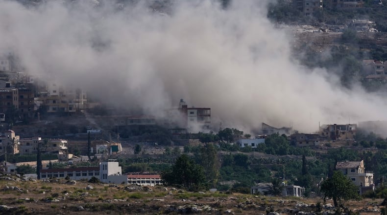 Smoke rises as Israeli forces demolish homes in Mansouri village, southern Lebanon, Thursday, Sept. 3, 2026. (AP Photo/Mohammed Zaatari)
