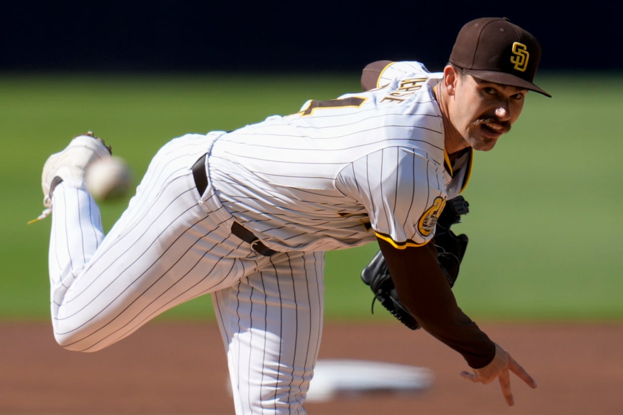 San Diego Padres starting pitcher Dylan Cease works against an Atlanta Braves batter during the first inning of a baseball game Saturday, July 13, 2024, in San Diego. (Gregory Bull/AP)