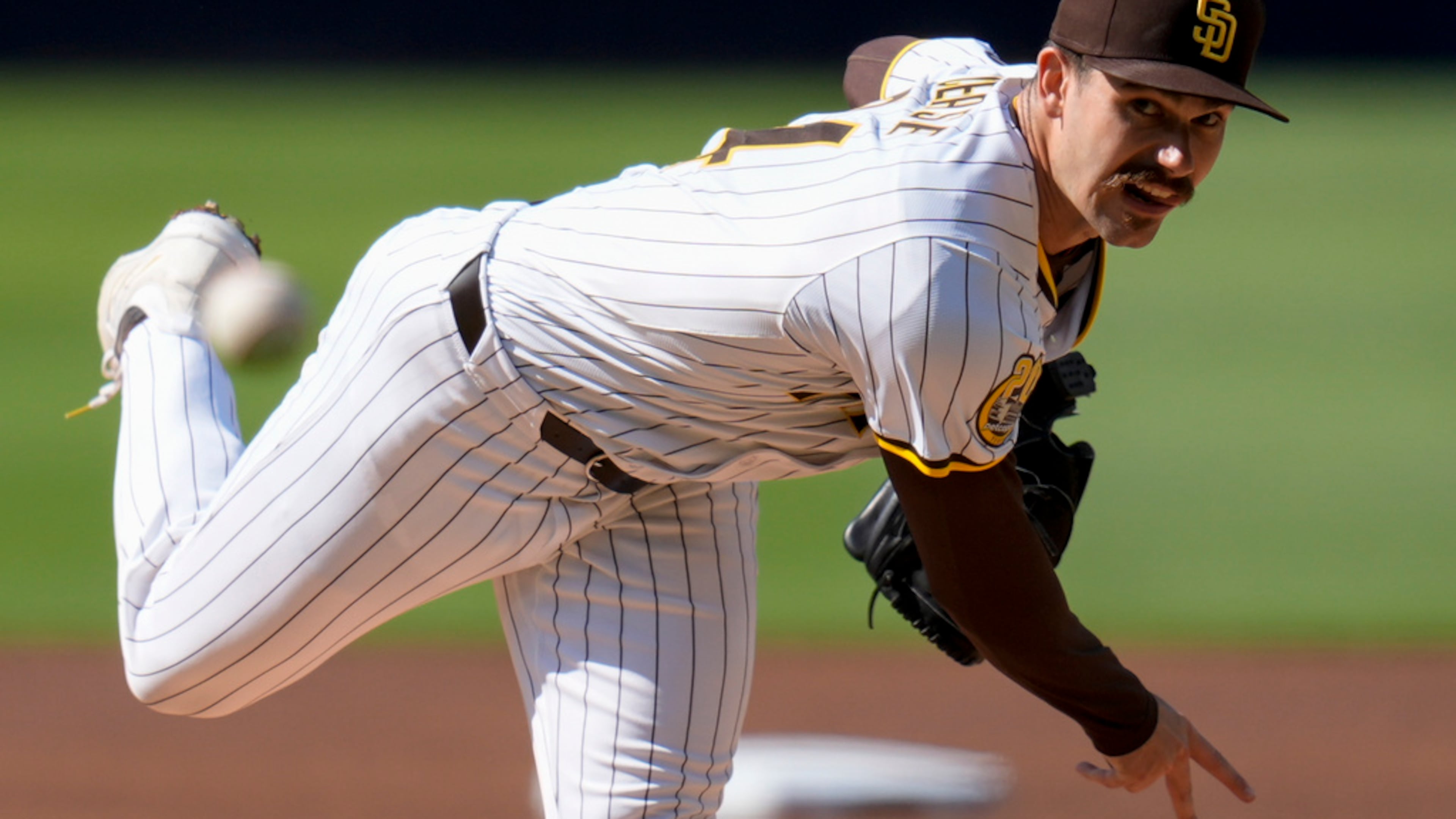 San Diego Padres starting pitcher Dylan Cease works against an Atlanta Braves batter during the first inning of a baseball game Saturday, July 13, 2024, in San Diego. (Gregory Bull/AP)