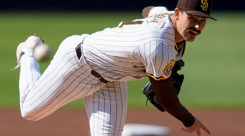 San Diego Padres starting pitcher Dylan Cease works against an Atlanta Braves batter during the first inning of a baseball game Saturday, July 13, 2024, in San Diego. (Gregory Bull/AP)