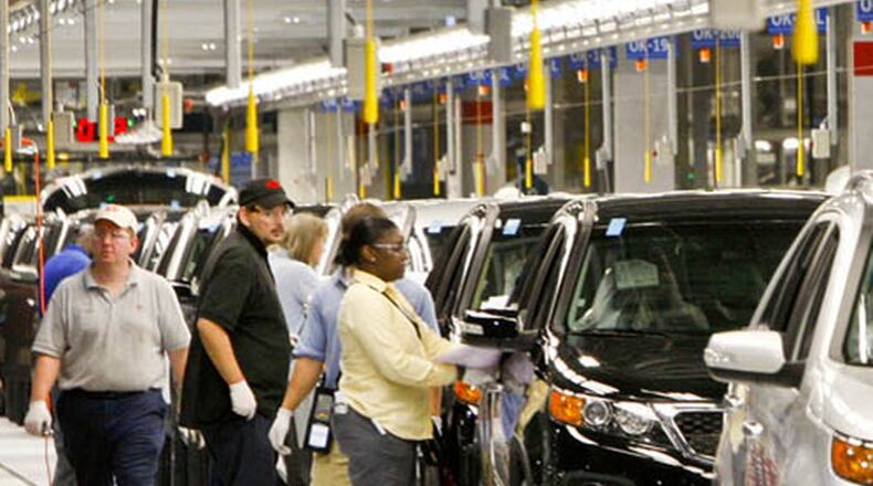 GeIt’s unclear if Georgia’s auto sector will be hurt by the GM shutdowns. But a Korean company plans to build a 2,000-worker plant in Jackson County that will make batteries. It won’t be the first big Korean operation: Here, vehicles roll along the line at Kia Motors Corp.’s assembly plant in West Point. (Kia Motors via Bloomberg)