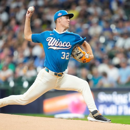 Milwaukee Brewers pitcher Jacob Misiorowski throws during the first inning of a baseball game against the Atlanta Braves, Friday, Aug. 21, 2026, in Milwaukee. (AP Photo/Kayla Wolf)