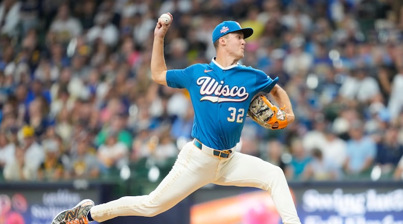 Milwaukee Brewers pitcher Jacob Misiorowski throws during the first inning of a baseball game against the Atlanta Braves, Friday, Aug. 21, 2026, in Milwaukee. (AP Photo/Kayla Wolf)