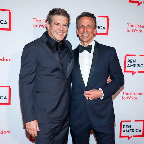 Jason Blum, left, and Seth Meyers attend the PEN America Literary Gala at The American Museum of Natural History on Thursday, May 14, 2026, in New York. (Photo by Andy Kropa/Invision/AP)