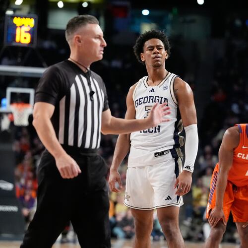 Georgia Tech guard Jaeden Mustaf (3) reacts to the referee during the second half of an NCAA college basketball game against Clemson, Saturday, Jan. 24, 2026, in Atlanta. (AP Photo/Brynn Anderson)
