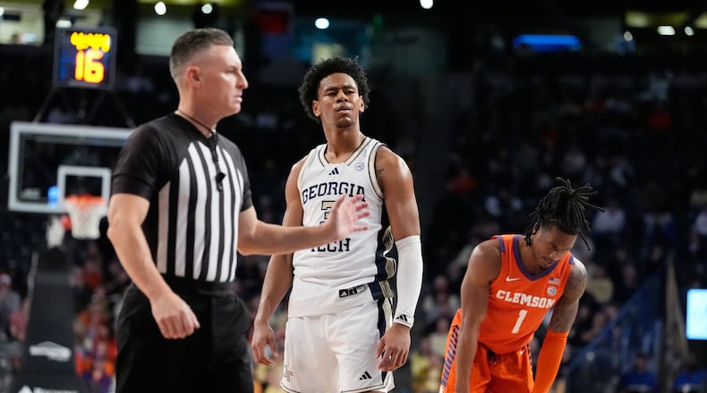 Georgia Tech guard Jaeden Mustaf (3) reacts to the referee during the second half of an NCAA college basketball game against Clemson, Saturday, Jan. 24, 2026, in Atlanta. (AP Photo/Brynn Anderson)