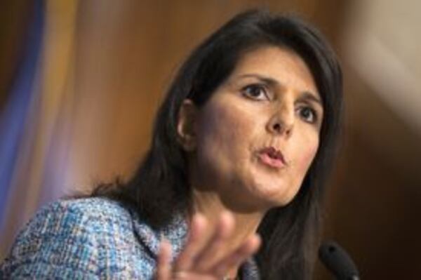 Former U.N. Ambassador Nikki Haley, who is expected to announced her bid for president this month, will be among the high-profile Republican participants at a private conference in Texas. Georgia Gov. Brian Kemp is also slated to attend.  (Evan Vucci/Associated Press) 
