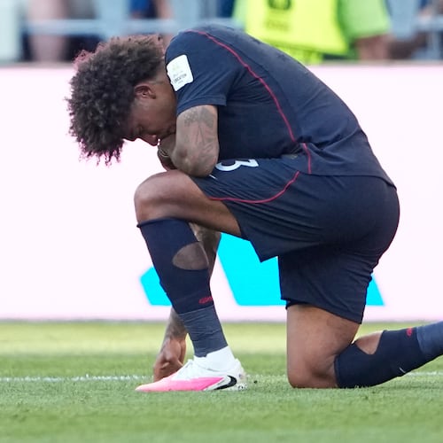 United States' Chris Richards (3) reacts following the World Cup round of 16 soccer match between the United States and Belgium in Seattle, Monday, July 6, 2026. (AP Photo/Lindsey Wasson)
