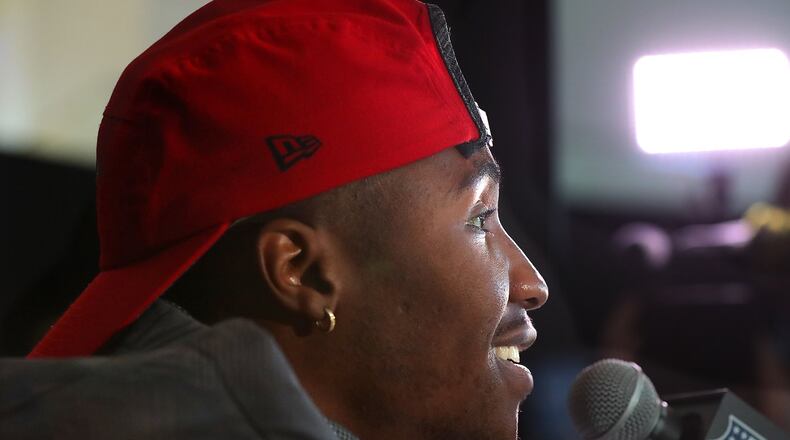 January 31, 2017, Houston: Falcons wide receiver Taylor Gabriel takes questions during his Super Bowl press conference on Tuesday, Jan. 31, 2017, at Memorial City Mall ice arena in Houston. Curtis Compton/ccompton@ajc.com