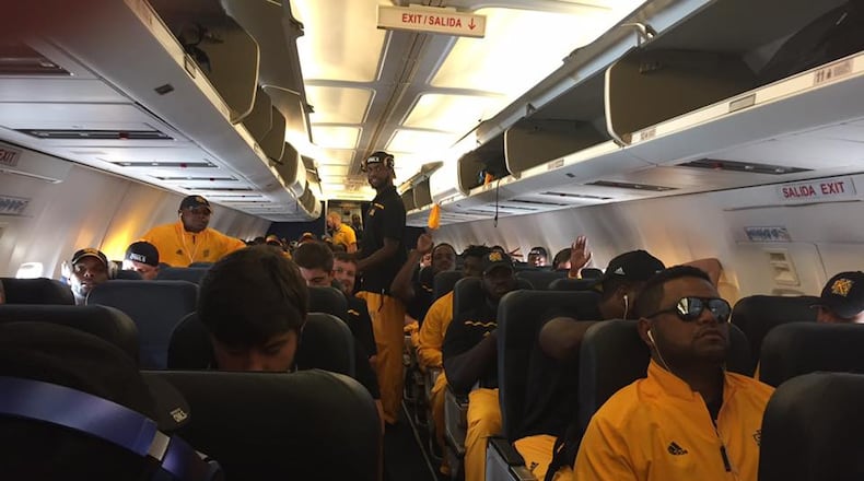 A view from the inside of the first flight in Kennesaw State football program history. It was also the first flight for Keagan Jordan, who promptly passed out on takeoff. Photo courtesy of KSU football's Facebook page.