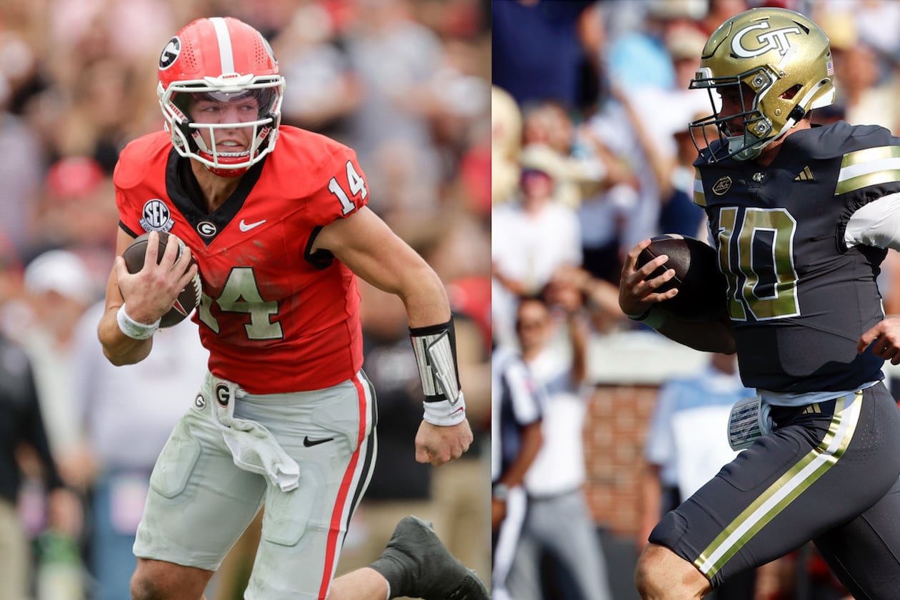 Georgia quarterback Gunner Stockton (left) and Georgia Tech quarterback Haynes King have led their respective teams to top 10 ranks with their clutch plays running and passing the football. (Courtesy of DawgNation)