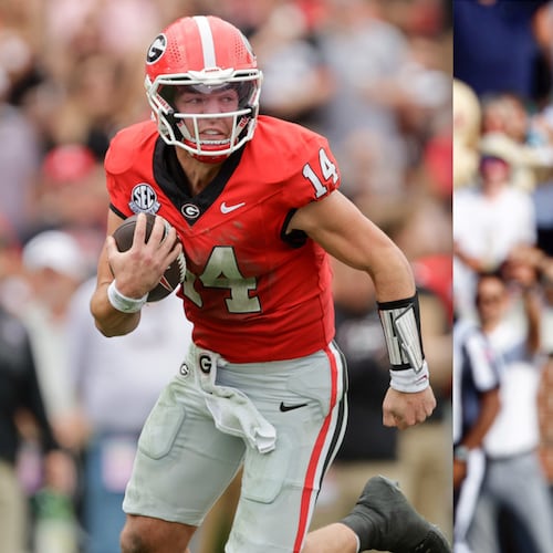 Georgia quarterback Gunner Stockton (left) and Georgia Tech quarterback Haynes King have led their respective teams to top 10 ranks with their clutch plays running and passing the football. (Courtesy of DawgNation)