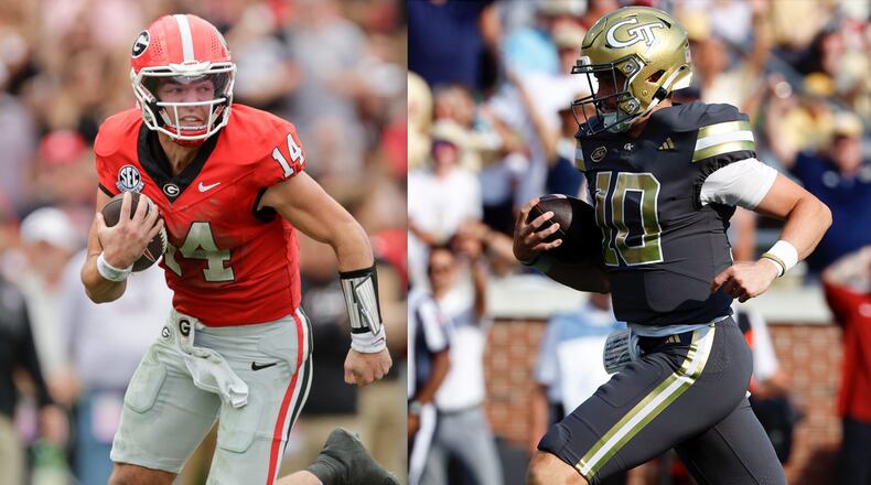 Georgia quarterback Gunner Stockton (left) and Georgia Tech quarterback Haynes King have led their respective teams to top 10 ranks with their clutch plays running and passing the football. (Courtesy of DawgNation)
