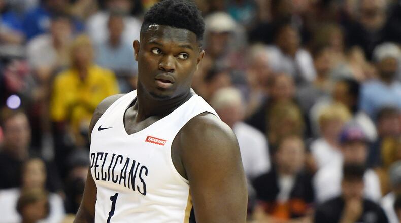 Zion Williamson of the New Orleans Pelicans walks on the court during a game against the New York Knicks during the NBA Summer League at the Thomas & Mack Center on July 5, 2019 in Las Vegas. (Photo by Ethan Miller/Getty Images)