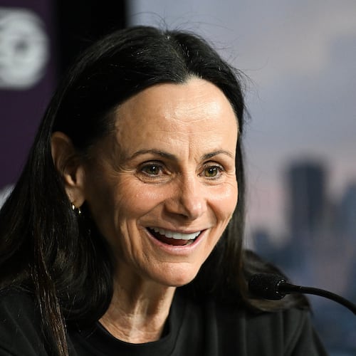Toronto Tempo head coach Sandy Brondello speaks to the media prior to a WNBA basketball game against the New York Liberty in Montreal, Sunday, July 12, 2026. (Graham Hughes/The Canadian Press via AP)
