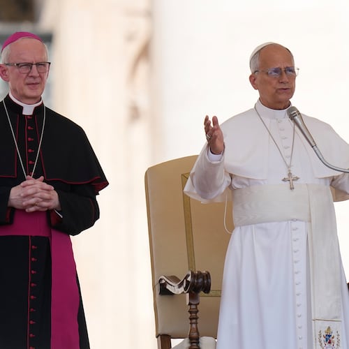 Pope Leo XIV holds his weekly general audience in St. Peter's Square at The Vatican, Wednesday, June 24, 2026. (AP Photo/Alessandra Tarantino)