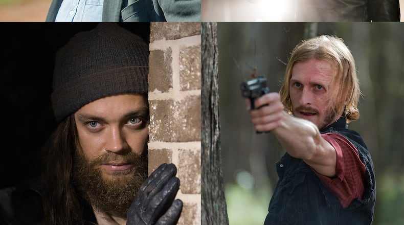 (top left, clockwise) Xander Berkeley (Gregory), Jeffrey Dean Morgan (Negan), Tom Payne (Jesus) and Austin Amelio (Dwight) CREDIT: AMC
