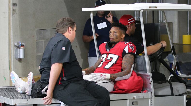 Atlanta Falcons safety Ricardo Allen leaves the game with an injury during the second half against the New Orleans Saints in an NFL football game on Sunday, Sept 23, 2018, in Atlanta.   Curtis Compton/ccompton@ajc.com