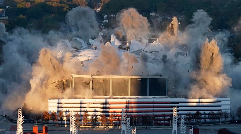 Explosives bring down the Georgia Dome Monday, Nov. 20, 2017, in Atlanta.