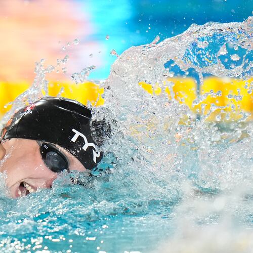 Katie Ledecky, of the United States, competes in the women's 1500-meter freestyle final at the Pan Pacific Swimming Championships in Irvine, Calif., Wednesday, Aug. 12, 2026. (AP Photo/Jae C. Hong)