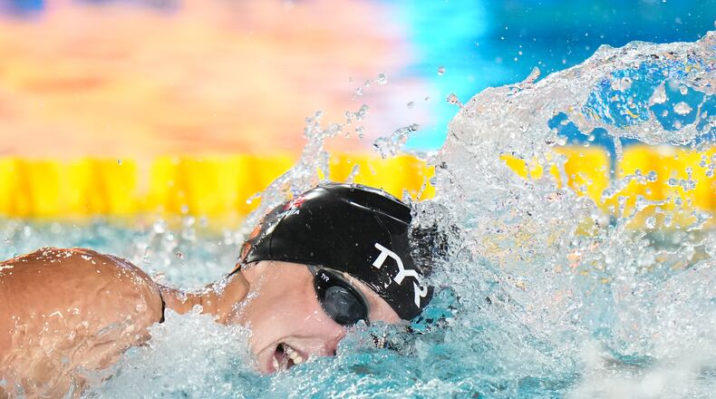 Katie Ledecky, of the United States, competes in the women's 1500-meter freestyle final at the Pan Pacific Swimming Championships in Irvine, Calif., Wednesday, Aug. 12, 2026. (AP Photo/Jae C. Hong)