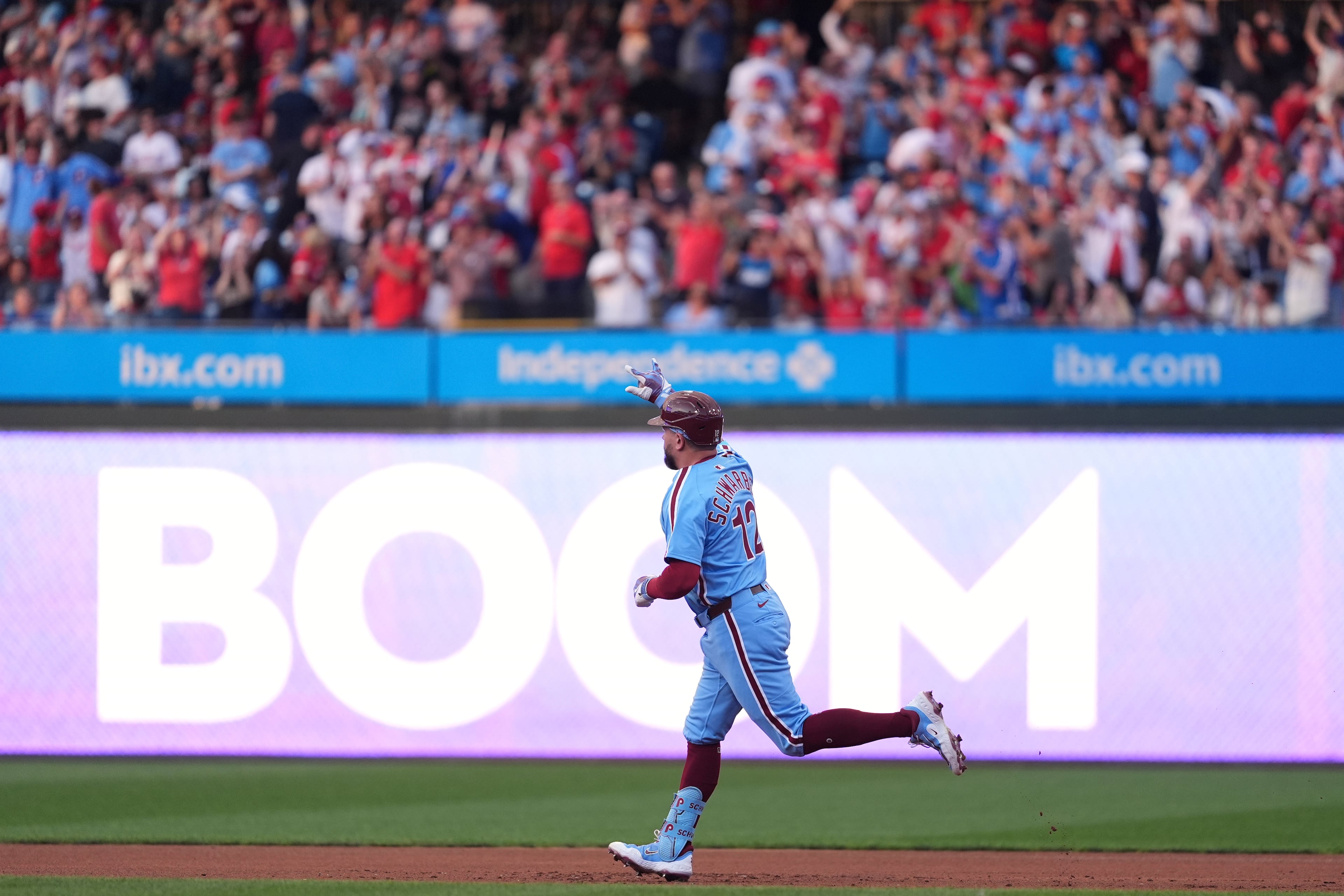 Phillies designated hitter Kyle Schwarber running out his first homer of Thursday's game.