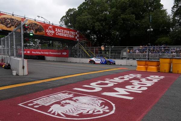 Driver Michael McDowell (71) drives in a NASCAR Cup Series auto race at the Grant Park 220, Sunday, July 6, 2025, in Chicago. (AP Photo/Erin Hooley)