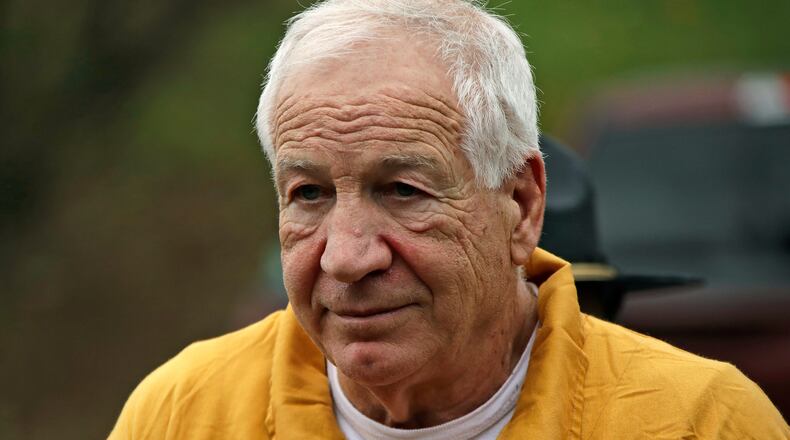 FILE - Former Penn State University assistant football coach Jerry Sandusky arrives at the Centre County Courthouse, Friday, Nov. 22, 2019, in Bellefonte, Pa. (AP Photo/Gene J. Puskar, File)