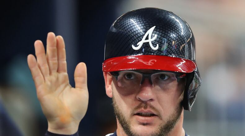 Braves catcher Tyler Flowers left Sunday’s game because of a hamstring injury. Curtis Compton/ccompton@ajc.com
