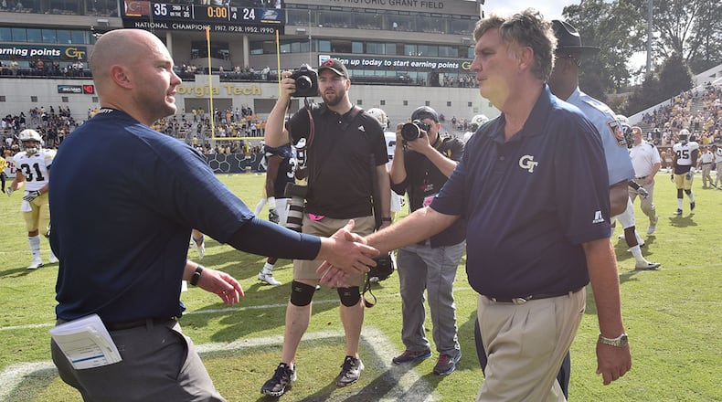 October 15, 2016 Atlanta - Georgia Tech head coach Paul Johnson and Georgia Southern head coach Tyson Summers shake hands after Georgia Tech won 35-24 at Bobby Dodd Stadium on Saturday, October 15, 2016. HYOSUB SHIN / HSHIN@AJC.COM