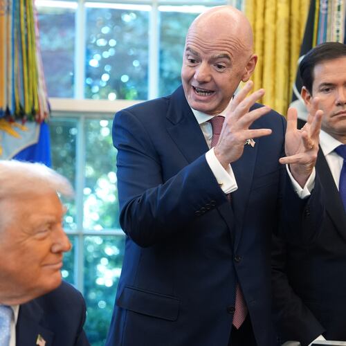 President Donald Trump and Secretary of State Marco Rubio listen as FIFA President Gianni Infantino speaks during a meeting with the White House task force on the 2026 FIFA World Cup in the Oval Office of the White House, Monday, Nov. 17, 2025, in Washington. (AP Photo/Evan Vucci)