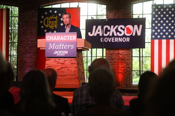 Republican nominee for governor Rick Jackson speaks during his rally at the Bibb Mill Event Center in Columbus on Thursday. (Abbey Cutrer/AJC)