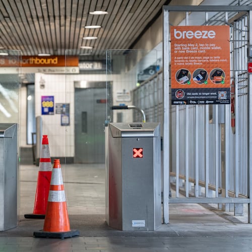 A broken fare gate at the Civic Center MARTA station gives riders fewer entrances into the station Tuesday, June 2, 2026. (Ben Hendren for the AJC)