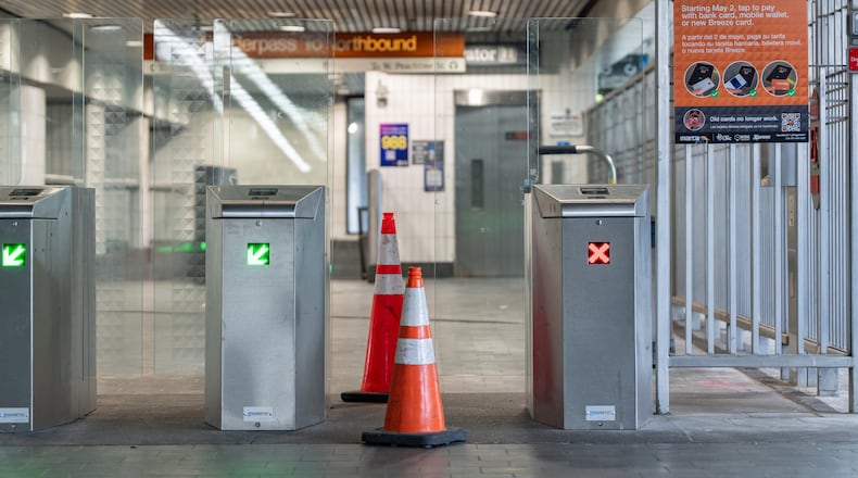 A broken fare gate at the Civic Center MARTA station gives riders fewer entrances into the station Tuesday, June 2, 2026. (Ben Hendren for the AJC)