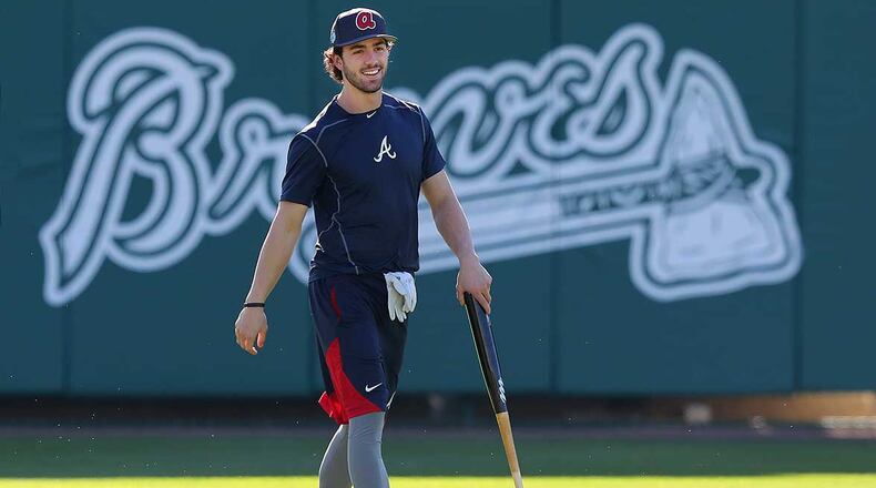 Braves infielder Dansby Swanson prepares for batting practice during spring training in Lake Buena Vista, Fla.