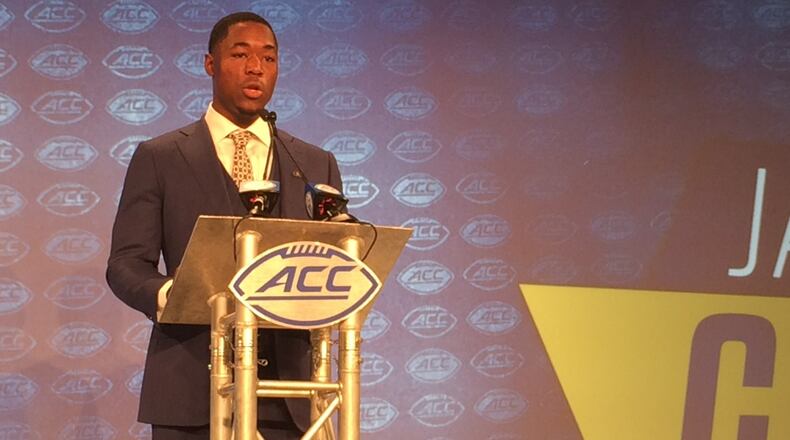 Georgia Tech senior wide receiver Jalen Camp has his moment at the big podium Thursday at the ACC Football Kickoff. (Steve Hummer/shummer@ajc.com)