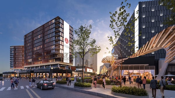 This is a rendering of a planned apartment building at Centennial Yards in downtown Atlanta. It's poised to occupy a site adjacent to the Richard B. Russell Federal Building and was detailed in a 2026 submission to the Atlanta Development Review Committees. (Courtesy of Cooper Carry/Centennial Yards)