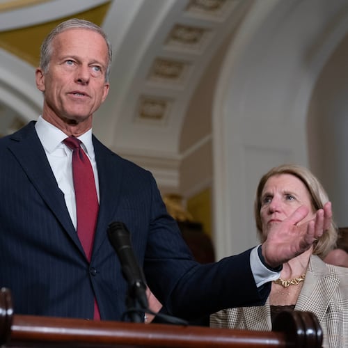 Senate Majority Leader John Thune, R-S.D., speaks to reporters after a weekly Republican luncheon, at the Capitol in Washington, Tuesday, March 10, 2026. (AP Photo/Jose Luis Magana)