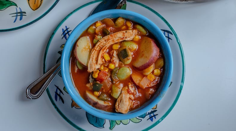 Weeknight Chicken Brunswick Stew is a hasty, hearty and healthy meal packed with vegetables and rotisserie chicken. (Virginia Willis for The Atlanta Journal-Constitution)